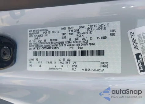 2022 Ford F-150 Xl z USA, uszkodzony, nr VIN 1FTEX1CP3NKE73127